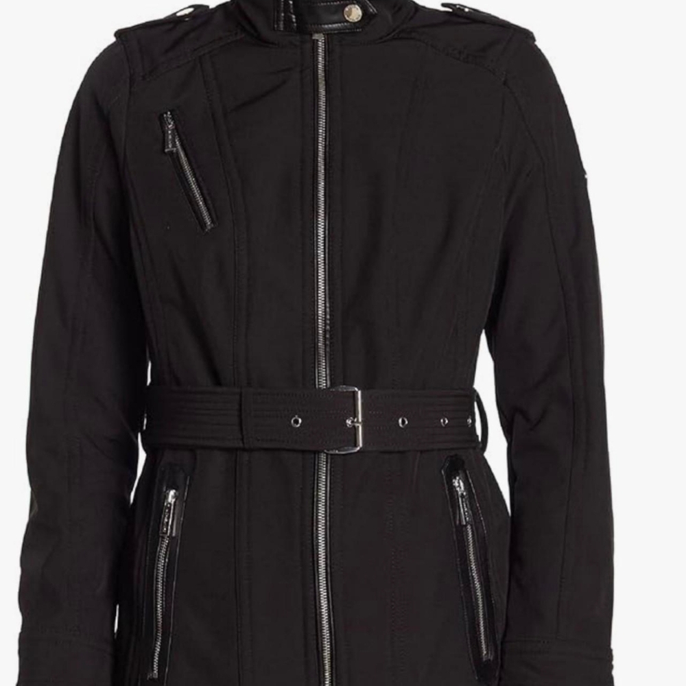 Micheal Kors Missys Black Faux Leather Trim Belted Jacket. Very Sleek/ Stylish